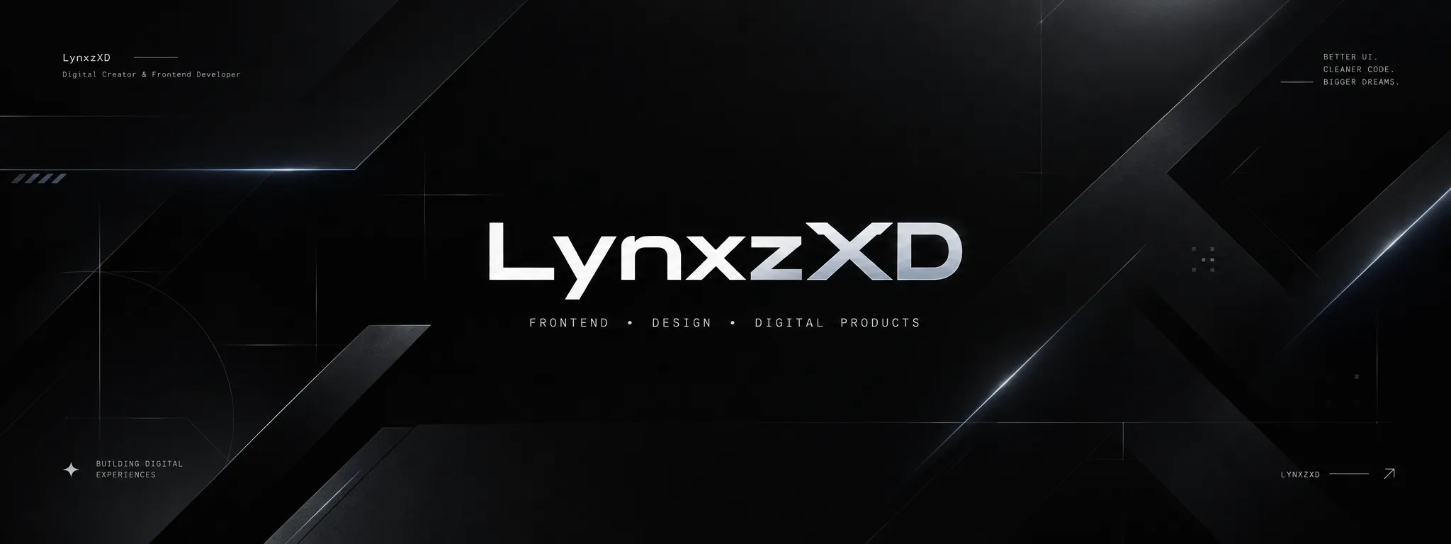 LynxzXD brand banner — a dark geometric scene with the LynxzXD wordmark and the line “Frontend · Design · Digital Products”